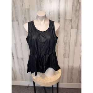 Dots Black Faux Leather Peplum Top 1X Sleeveless Zip Back Flowy Blouse Plus Size